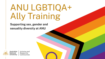 The progress pride flag takes up the majority of the image, with ANU branding referencing Inclusive & Respectful Communities in the corner. Test reads ANU LGBTIQA+ Ally Training: Supporting sex, gender and sexuality diversity at ANU.