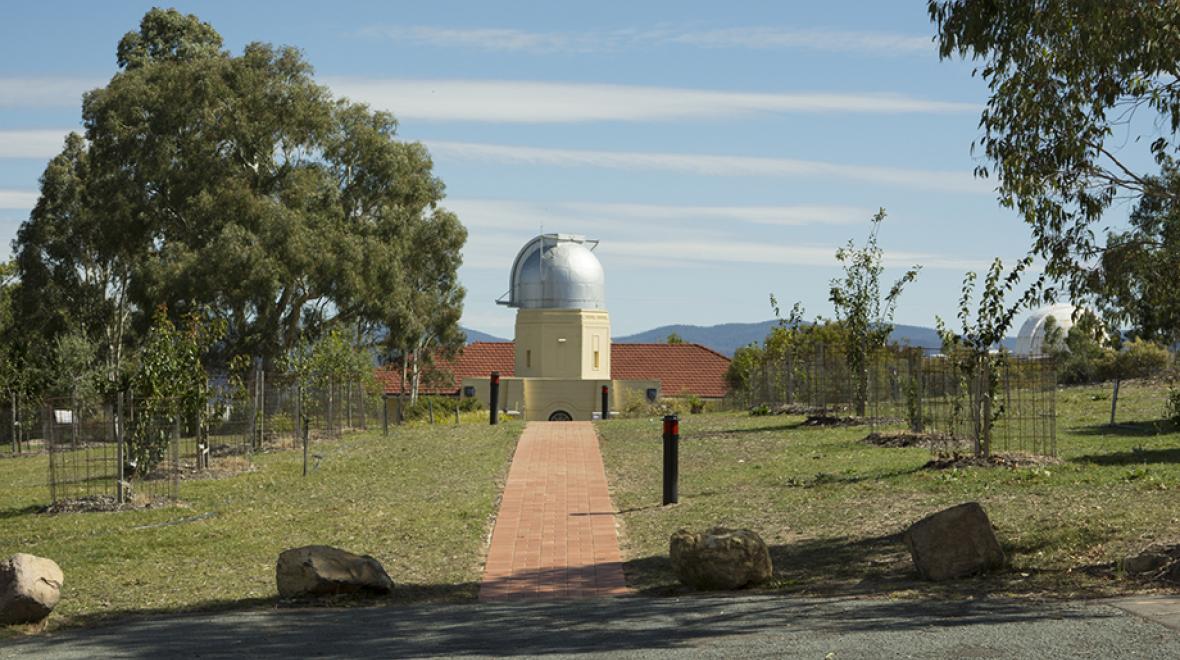 The restored orchard with the reinstated path leading to the Commonwealth Solar Observatory building